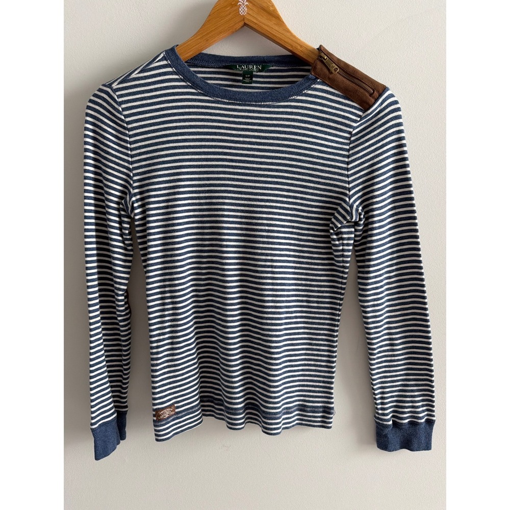 Lauren Ralph Lauren Striped Long Sleeve Top Blue White Elbow Patch Zipper Small